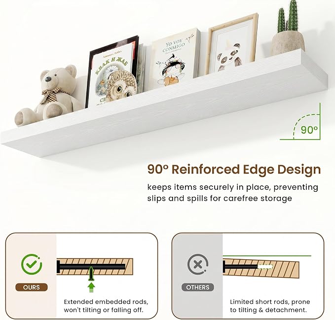 Marsmiles 55in Floating Shelves for Wall, 55" W x 9.25" D x 1.5" H, Long Wall Mounted Engineered Wood Shelves with Invisible Brackets for Living Room, Bedroom, Bathroom, Kitchen, White, 2Pcs