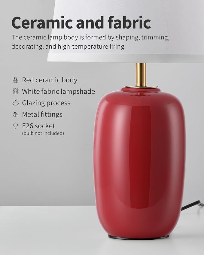 PUSU 22 Inch Red Ceramic Table Lamps Set of 2, Fabric Lampshade Living Room Office Desk lamp, E26 Socket Rotary Switch Lighting for Bedroom, Nightstand, Reading, Office, Study, Corner, Home Decor