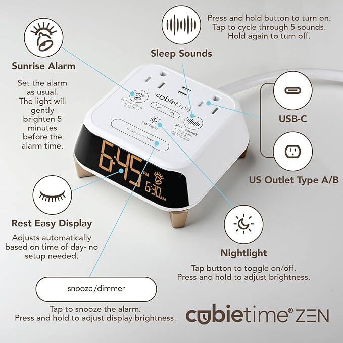 Brandstand CubieTime Zen (Latest Model) - White Noise/Sleep Sounds Alarm Clock Charger with 2 USB-C Ports, 2 Power Outlets, Night Light