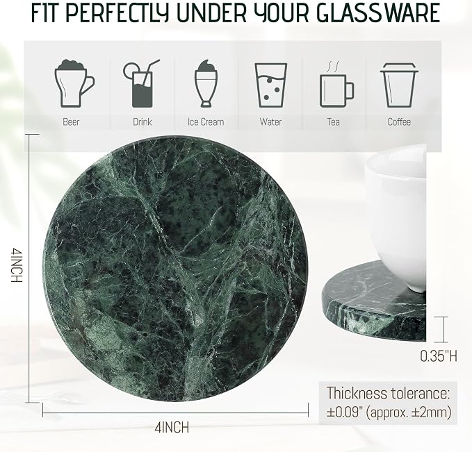 Marble Coasters Set of 6 Green - 4" Round Stone Coasters for Drinks - Luxury Marble Coasters for Coffee Table - Elegant Heat Tolerant Table Decor for Home, Office, Dining, Ideal Housewarming Gift