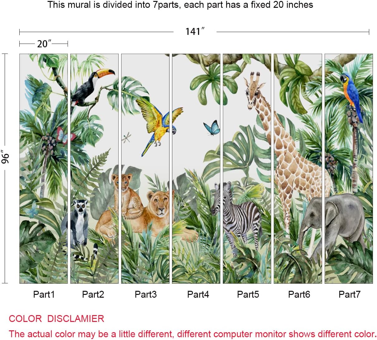 Safari Wallpaper for Children with Animals Jungle Wall Mural Watercolor Animals Nursery Wallpaper Kids Room Decor(Not Peel n' Stick)