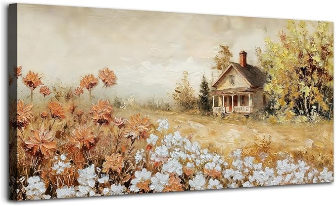 Acocifi Textuted Wildflowers Canvas Wall Art 58"x29" Farmhouse Landscape | warm yellow, farmhouse decoration, waterproof non-fading, ready to hang, artwork for living room bedroom home