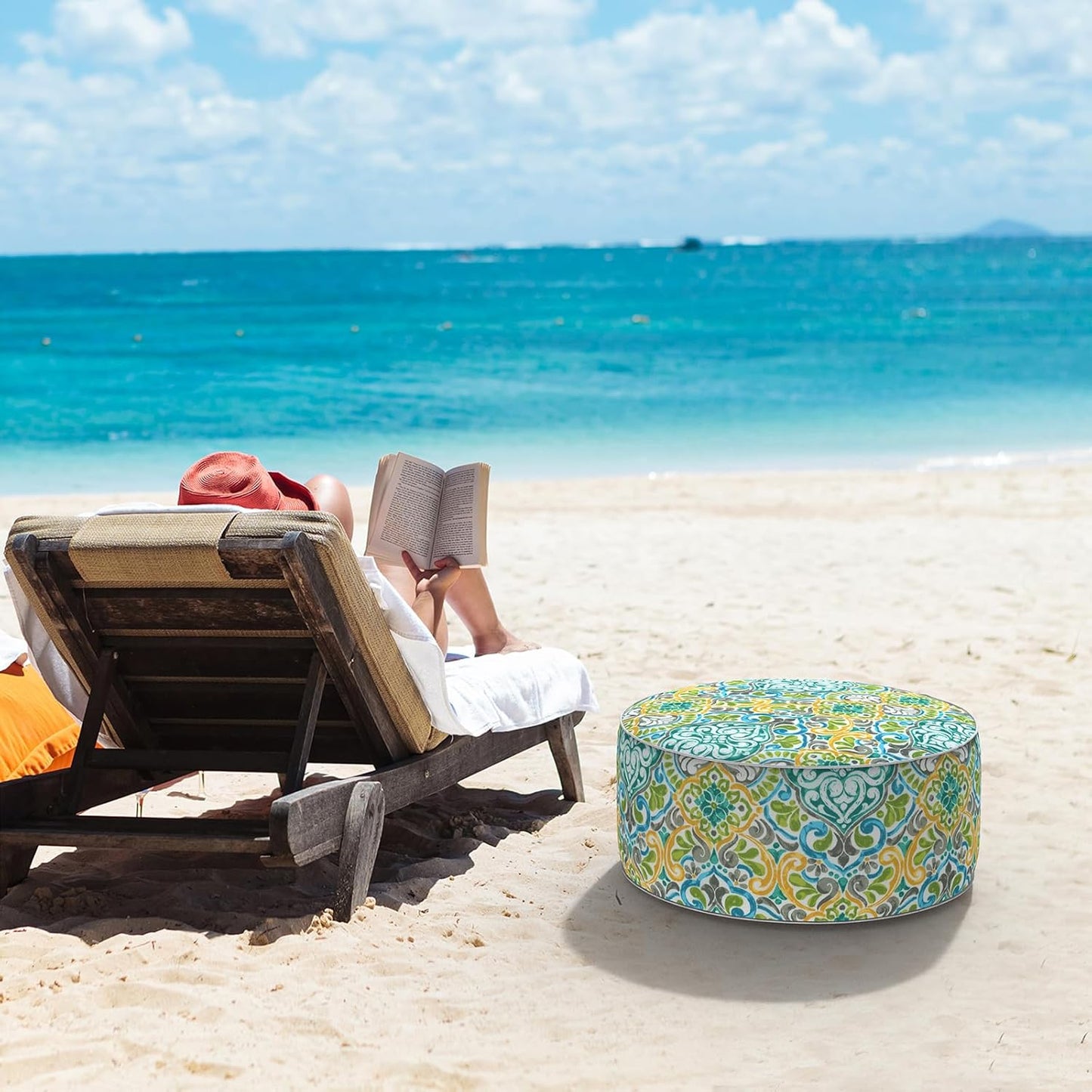 LVTXIII Inflatable Stool Ottoman Footrest with Handle, All Weather Foot Rest, Indoor or Outdoor Use for Home Patio Garden and Camping, D21 x H9, Damask Green