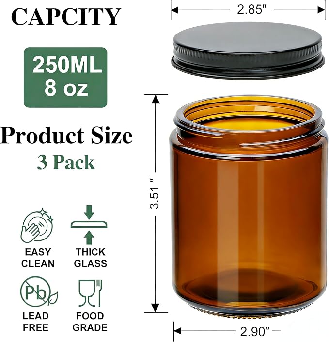 8oz Amber Candle Jars Set of 3,Round Glass Jar with Black Lids,Empty 250ml Glass Candle Making Jar Bulk Thick Small Food Storage Jars for Spice,Candy,Powder