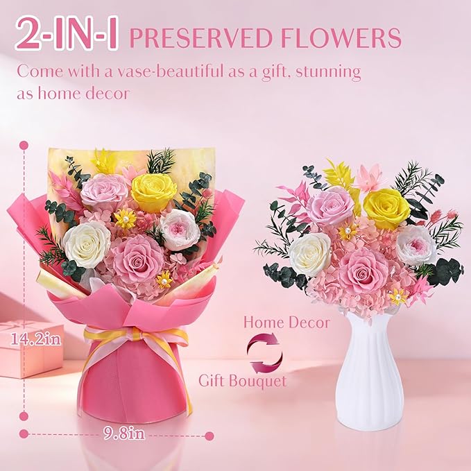 5 Pcs Glitter Pink Preserved Roses Flowers Bouquet, Forever Rose Flowers for Delivery, Birthday Gifts for Women, Long-Lasting Red Roses with Vase Gift Box, Forever Flowers for Wife Mothers Day