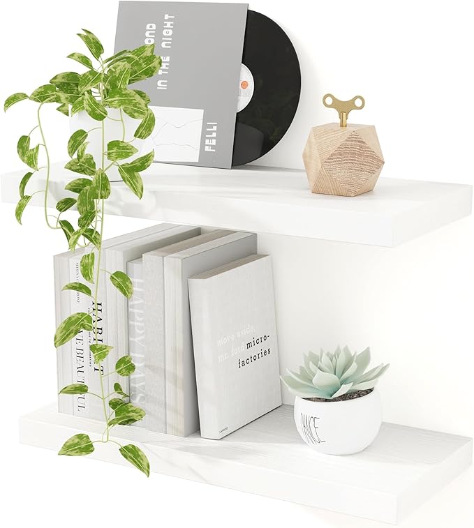 White Floating Shelves, 16 inch Wooden Floating Shelves for Wall, 9.3in Deep Wall Mounted Shelf for Storage & Organizer, Shelving for Bathroom Living Room Kitchen Bedroom, 16 x 9.3 x 1.5 in, 2 Packs