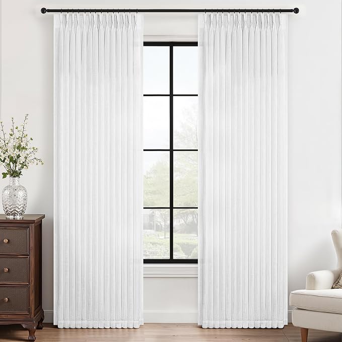 94 Inches Long White Beige Pinch Pleated Linen Curtains for Living Room 2 Panels Set Neutral Ivory Memory Pleat Drapes Back Tab Light Filtering Boho Ceiling Floor Window Curtains Natural Birch