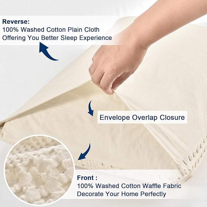PHF Waffle Weave Pillow Shams Queen Size, 2 Pack 100% Cotton Pillowcases 20" x 30", No Insert, Soft & Breathable Aesthetic Woven Pillow Case Covers for Bedroom Decor, Natural