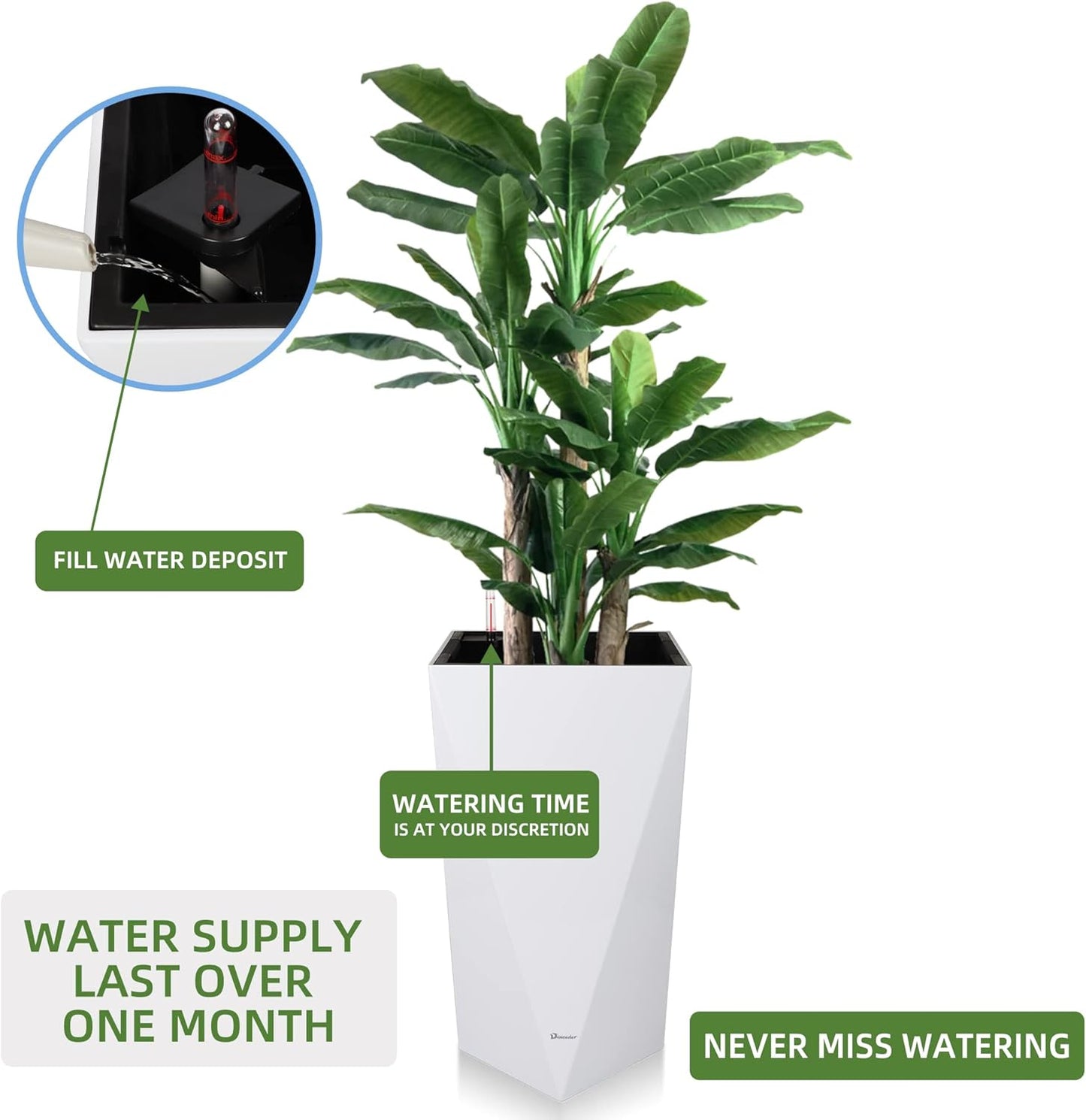 Dexceder 20 Inches Tall Self Watering Planter Diamond High Gloss Indoor Outdoor, Thickened Rhombus Large Floor Standing Flower Plant Pot with Water Level Indicator (White)