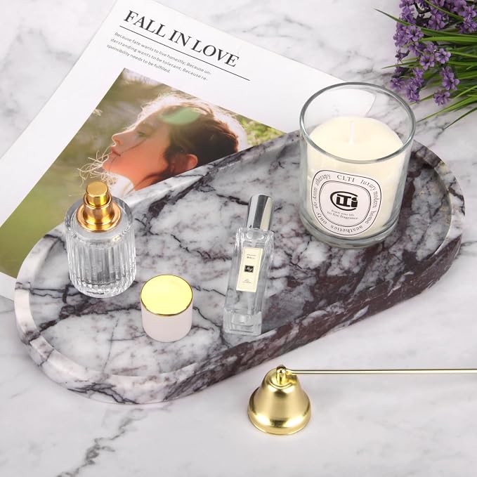 Oval Marble Bathroom Vanity Tray, Natural Luxury Marble Home Kitchen Bathroom Table Tray, Stone Decorative Countertop Tray for Coffee Perfume Jewelry (Lilac, 12" x 6" x 0.8")