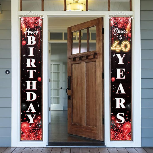 Happy 40th Birthday Porch Sign Door Banner Decor Red and Black – Glitter Cheers to 40 Years Old Birthday Party Theme Decorations for Men Women Supplies