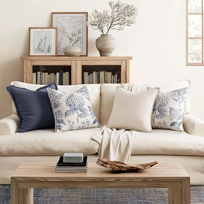 Set of 2 Decorative Floral Neutral Pillow Covers 18x18 Inch Light Blue Hydrangea Print Spring Boho Vintage Throw Cushion Covers for Sofa Couch Porch Bedroom Living Room Summer Home Decor