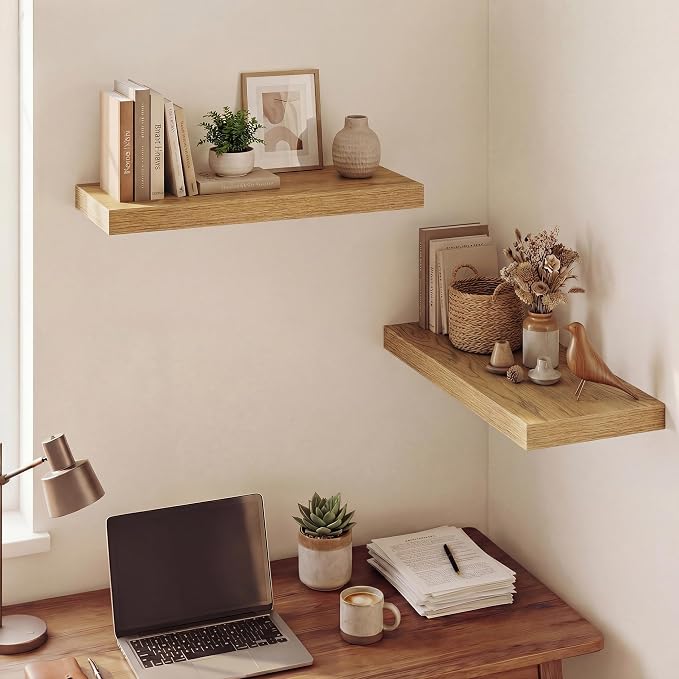 Dreamland 24 Inches Floating Shelves for Wall,9.3" Deep Long Floating Shelves Set of 2,Large Display & Storage Shelf,Wall Shelf for Bathroom Bedroom Living Room Kitchen Office,Oak