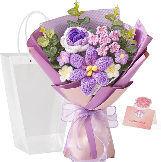 Alecono Crochet Flower Bouquet, Purple Knitted Flowers, Handmade Bouquet of Flowers for Lover Anniversary Birthday Party Mother's Day Graduation Teacher's Day Gifts (Include Card)