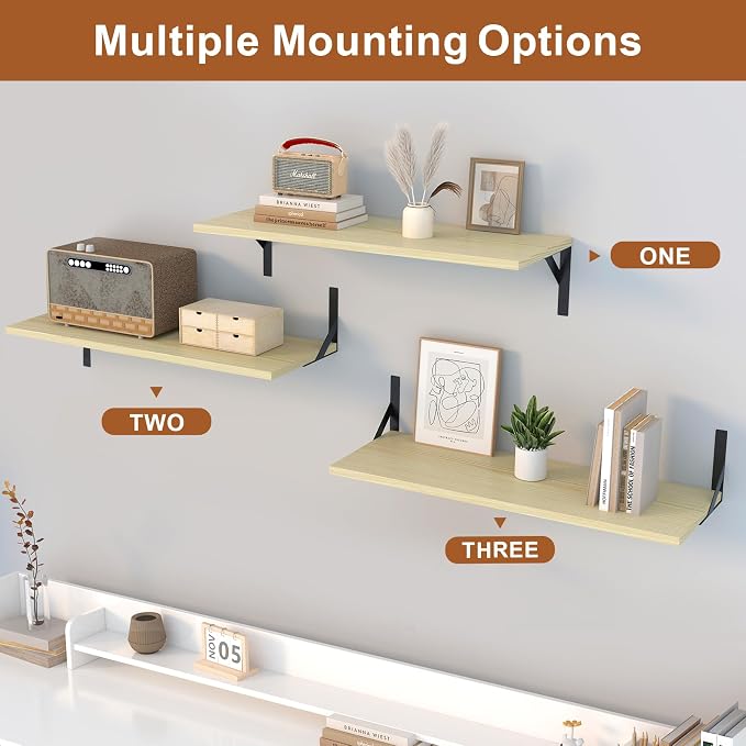 Large Wall Shelves, 31.5" W x 12" D Long Floating Shelves Set of 2, Wide Display Wood Shelf Wall Mounted with Heavy-Duty Metal Brackets for Bedroom Books, Living Room, Kitchen, Natural Wood