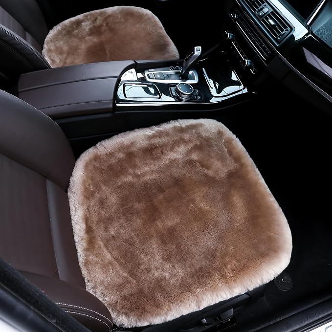 OGLAND 2 Pack Fluffy Genuine Sheepskin Car Seat Covers for Auto Interior Accessories with Soft Fuzzy Wool Eco-Friendly Natural Fur Non-Slip (Camel)