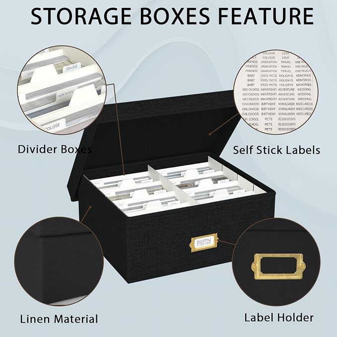 Decorative Photo Storage Box - Linen Photo Box Organizer with Dividers, Fits Holds Up to 1700 Pictures and 4x6 Photos, Memory Keepsake Organizer for Photos, Scrapbook Supplies, Cards, Stamps (Black)