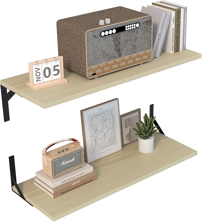 Large Wall Shelves, 31.5" W x 12" D Long Floating Shelves Set of 2, Wide Display Wood Shelf Wall Mounted with Heavy-Duty Metal Brackets for Bedroom Books, Living Room, Kitchen, Natural Wood