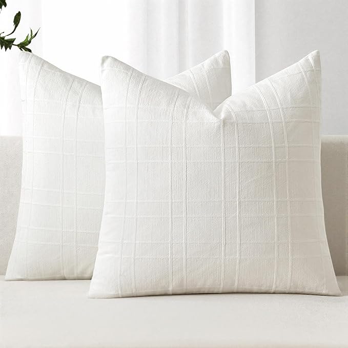 MIULEE Decorative Linen Check Throw Pillow Covers Neutral Farmhouse Vintage Pillow Covers 18x18 Set of 2 Boho Modern Home Decor for Sofa Couch Bedroom Cushion Cream White