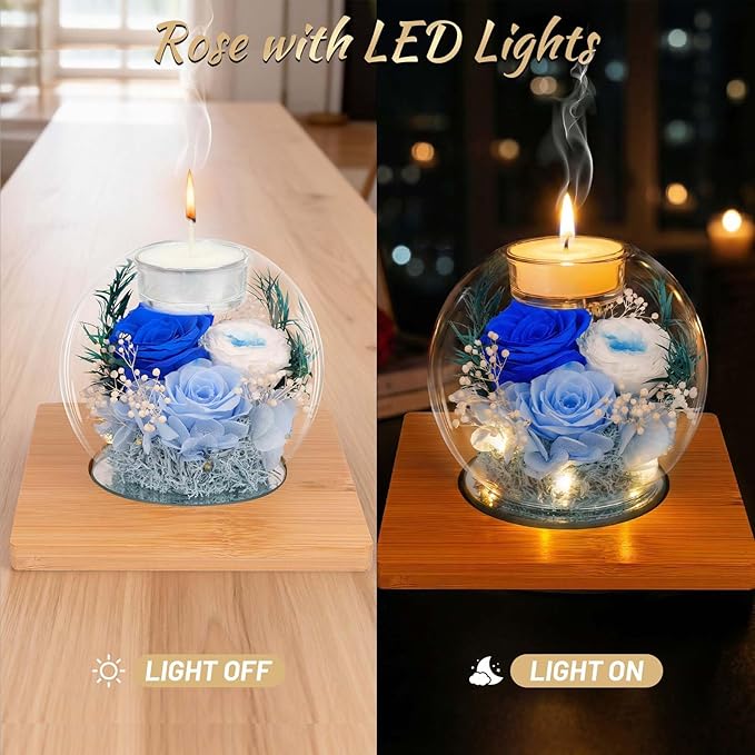 Preserved Blue Real Rose in Glass with Scented Candles–Eternal Flower Romantic Anniversary Mothers Day Christmas Birthday Valentines Day, Women, Wife, Girlfriend, Mom, Grandma