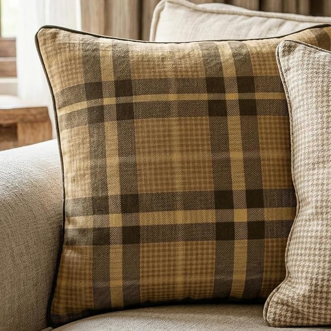 bilin gaier Designer Linen Throw Pillow Covers,18"x18" Set of 2-Seville BN | Vintage Elegant Square Pillow Cover,Concealed Zipper,Plaid Print Pattern,Sofas,Bedroom,Living Room,Lounge Chairs