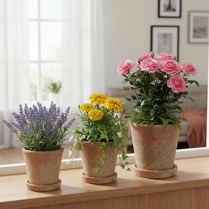 Yungyan Set of 3 Rustic Terracotta Planter Pot and Saucer 5/6/7 Inch Aged Farmhouse Style Flower Pot Distressed Finish Cement Planter with Drainage Hole for Indoor Outdoor Garden, Patio, Porch