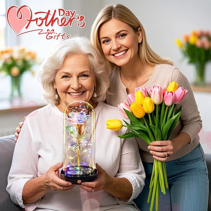 Mothers Day Flowers Gifts for Mom Women Birthday Gift, Rechargeable Galaxy Glass Rose in Glass Dome Forever Crystal Rose Anniversary Mother's Day Roses Gifts for Daughter Wife Women Grandma Rainbow