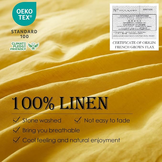 Simple&Opulence 100% Linen Duvet Cover Set 3pcs Basic Style Natural French Washed Flax Solid Color Soft Breathable Farmhouse Bedding with Button Closure - Mustard Yellow, Queen