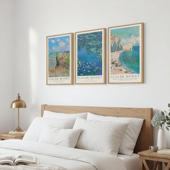 3 Piece Framed Monet Canvas Wall Art for Living Room, Large Impressionist Lake Landscape Prints Painting, Vintage Classic Picture Artwork Decor for Bedroom Dining Room 16x24 Inch