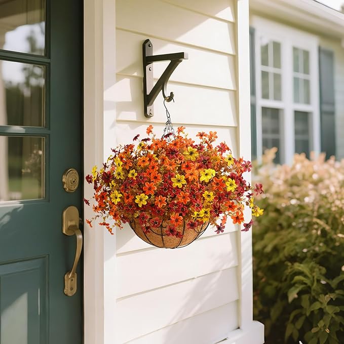 Artificial Flowers Fall Hanging Basket Plants for Outdoor Decorations, Fake Mums Faux Silk Flower UV Resistant Autumn Decor for Outside Garden Patio Front Porch Balcony Window (Orange Yellow Brown)
