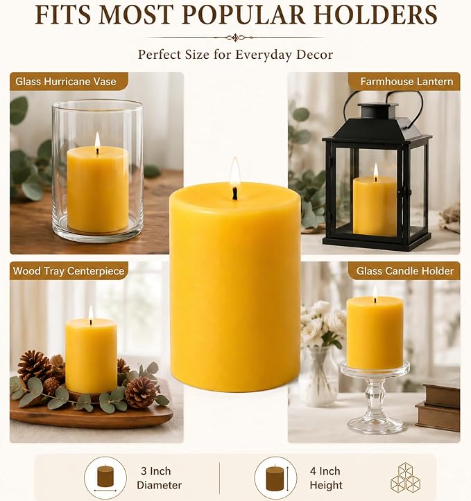 Beeswax Candles Pillar 3x4 Inch, 2 Pack Non Toxic Bees Wax Candle for Home Decor, Large Natural Organic Pillar Candle with 60 Hours Long Burning Time for Emergency, Meditation, Relax