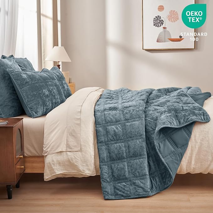 PHF Ultra Soft Velvet Quilt Set Twin Size – 2PCS Luxurious Cozy Quilted Comforter Alternative with Diamond Pattern, Warm Quilted Bedspread Coverlet, 68" x 92", Stormy Blue