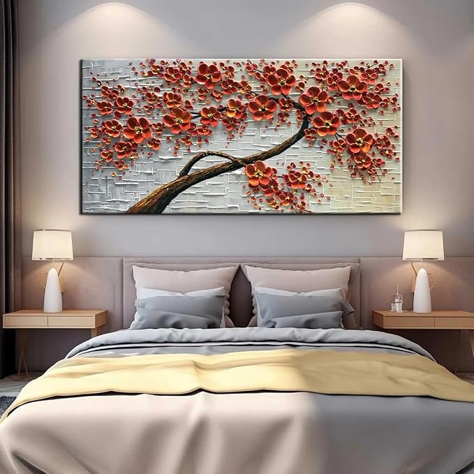 YaSheng Art - 48x24inch Canvas Wall Art, Hand Painted Oil Painting ,Abstract 3D Texture Wall Art Pictures, Red Floral Paintings, Modern Home Bedroom Wall Art Decor, Wall Art for living room, Large Framed oil painting.