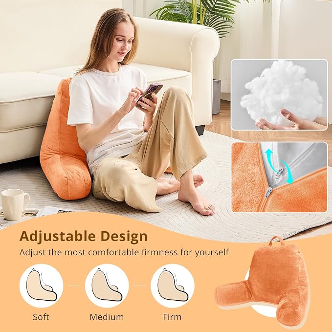 Sasttie Reading Pillow, Velvet Back Pillow for Bed Sitting Up, Adult Back-Rest Support Cushion with Arms for Sit Up on Couch, Sofa, and Floor, Dorm Essentials, Reading Accessories, Orange