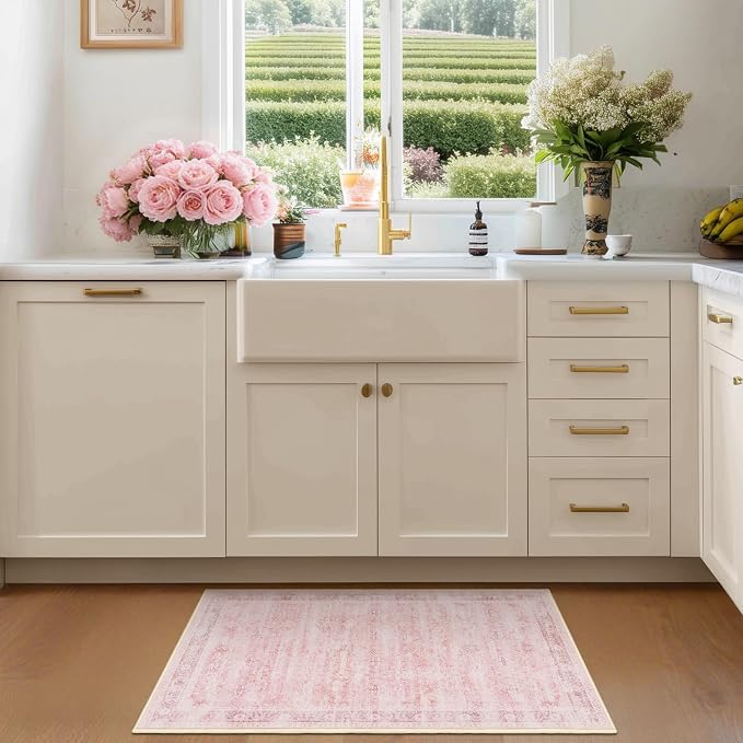 Small Pink Rug 2x3, Aesthetic Area Rug for Girls Bedroom Bedside Vanity, Cute Rug for Nursery Kids Room Dorm Washable Non Slip, Low Pile Thin Indoor Door Mats for Entryway Entrance Kitchen