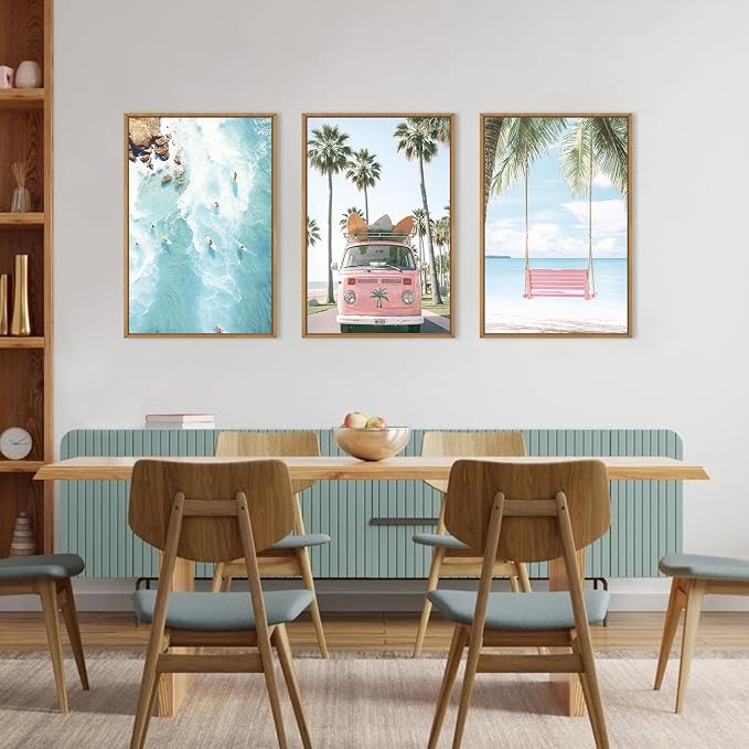 Large Summer Beach Surfing Scene Framed Canvas Wall Art Set,Coastal Pink Van and Surfboards Wall Decor,Trendy Beach Swing Palm Trees Artwork for Living Room,Bedroom-16 x24 x3