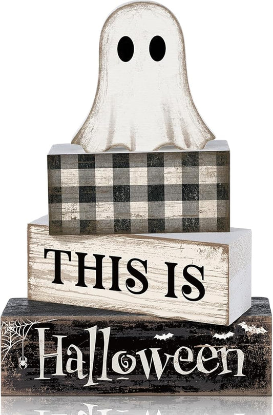 Lineshading 4 Pcs Ghost Halloween Decor Black and White Halloween Tiered Tray Decor Ghost Table Centerpiece Decorations Rustic Wooden Block Sign Gift for Home Shelf Kitchen Coffee Bar