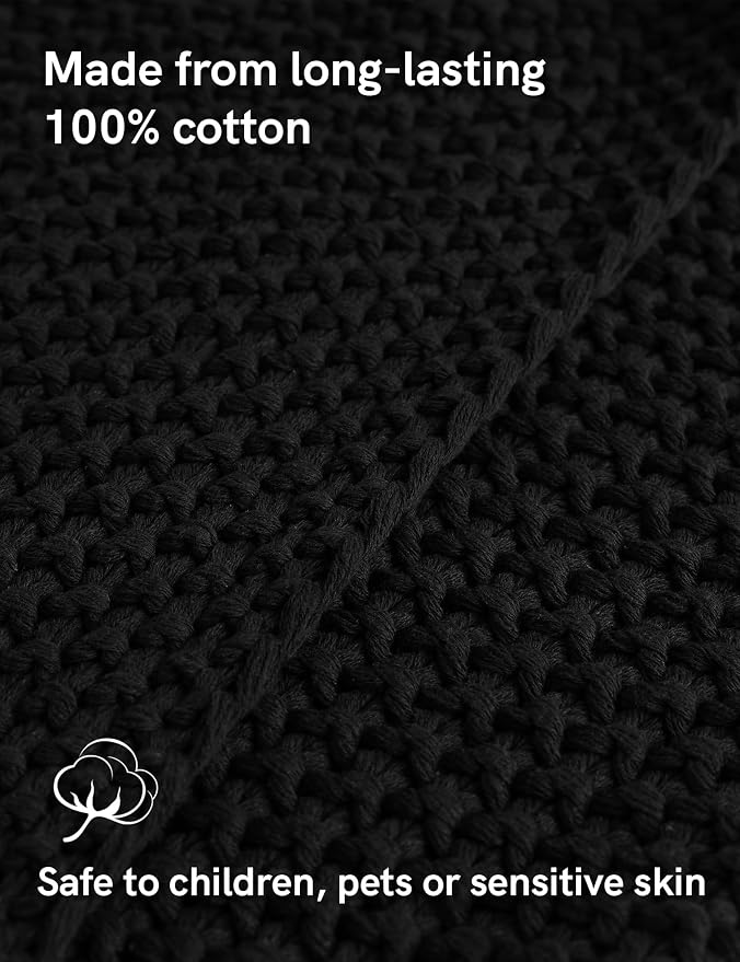YnM Chunky Cotton Knit Throw Blanket, Cable Knit Throws for Bed Couch Sofa, Comfy & Relaxing, Decorative Piece for Farmhouse Modern Boho Rustic Scandinavian Chic Vibe, Black 50x60 Inches