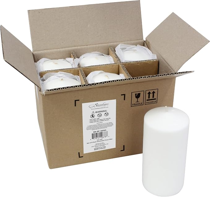 Stonebriar 6 Tall 3 x 6 Inch 65 Hour Long Burning Unscented White Wax Pillar Candles (Pack of 4, 24 Count Total)