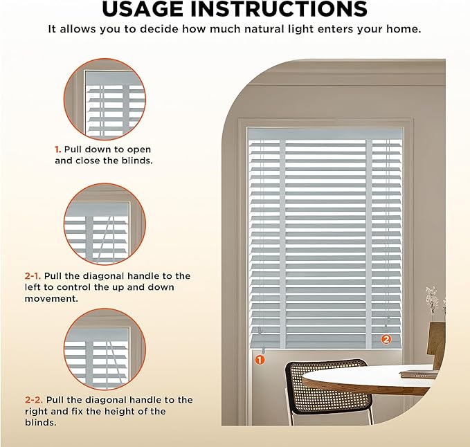2" Slats Wood Blinds for Indoor Windows: Solid Wooden Blackout Blinds & Shades,Black Out Privacy Horizontal Blinds for Home Bedroom Bathroom Living Room Windows and Doors 30.5" WX64 H White
