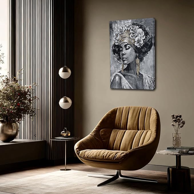ZUNARE Abstract African Woman Canvas Wall Art Black White and Gold Portrait Painting Modern Figurative Artwork for Living Room Bedroom Office Decor 24x36inch