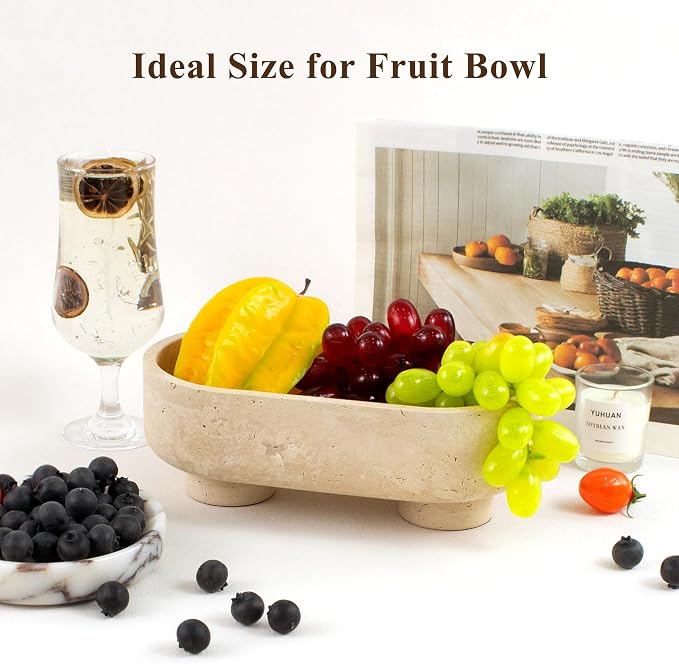 Natural Oval Travertine Stone Fruit Bowl, Two-Legged Decorative Bowl Beige | 10" Large Handcrafted Marble Catchall Bowl for Home Decor. Fruit Basket Bowl, Entryway Bowl, Pedestal Bowl for Dining Table