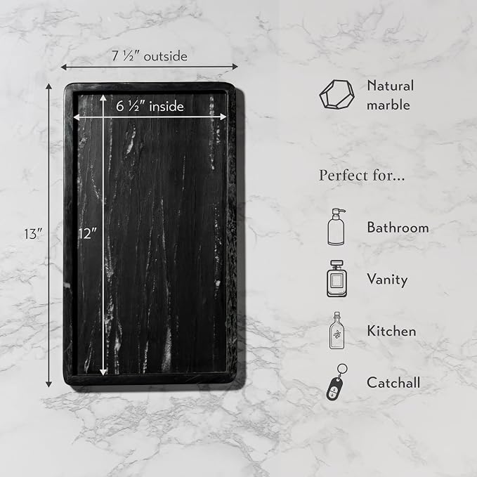 Cork & Mill Black Marble Tray for Bathroom Countertop, Kitchen Counter, or Catchall - 13" x 7½" Large Vanity Tray for Skincare or Perfume - Handcrafted Natural Marble Stone Organizer