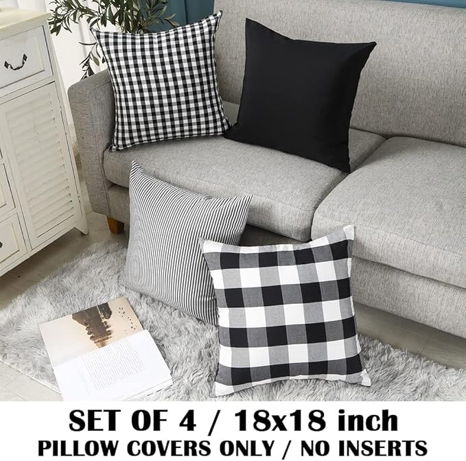 CARRIE HOME Black and White Buffalo Plaid Outdoor Throw Pillow Covers 18x18 Set of 4 Buffalo Check Farmhouse Decor for Couch Room and Front Porch