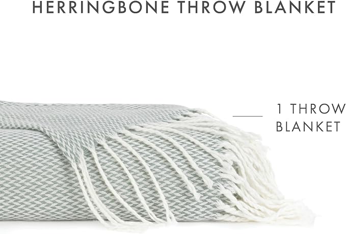 Linen Market Beddings Elevate Your Comfort with Herringbone Throw Blanket - Luxurious Woven Ultra Soft Acrylic - Sized 50" W x 60" L - Fringed Edges - Lightweight Layer for Bed or Sofa (Eucalyptus)