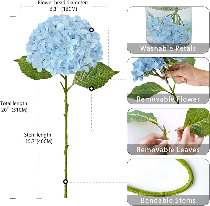 ZYTUYO 20 inches 4 Pcs Sky Blue Real Touch Hydrangea Artificial Flowers Boho Lifelike Real Looking Latex Hydrangeas Flower with Long Stem for Home Decor Spring Table Centrepiece