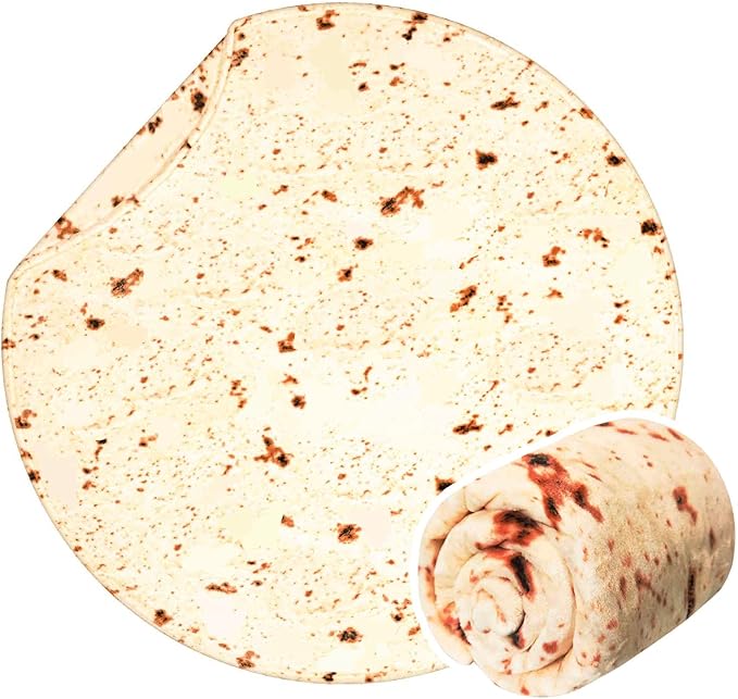 Vessia Burritos Tortilla Blanket Throw Size(Beige,47 inches), Giant Realistic Funny Food Throw for Adults and Kids, 300 GSM Double Sided Soft Novelty Round Taco Home Decor