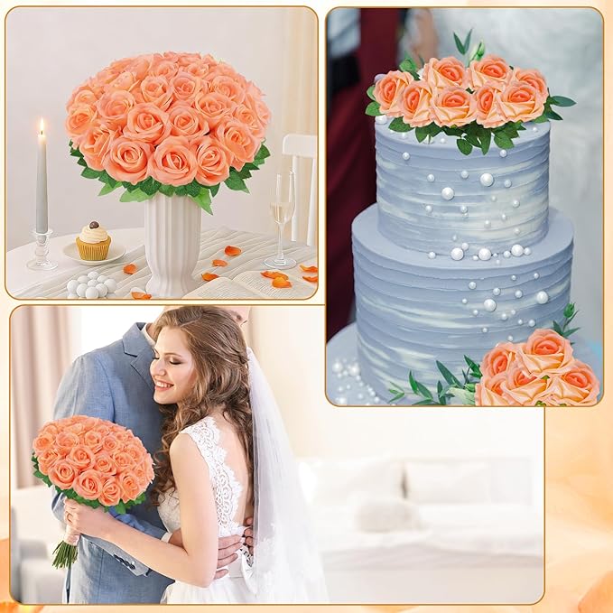 36 Pcs Peach Pink Artificial Roses with Long Stems, Fake Silk Rose Artificial Flowers Bulk for Bridal Wedding Bouquet Centerpiece Ball Arrangement Party Decor