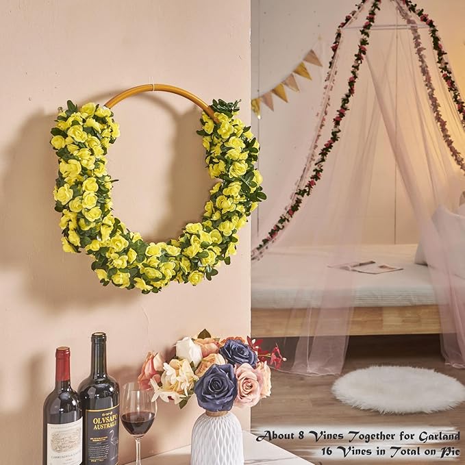 PONKING 8 Pcs x 8.2 ft Flower Garland Artificial Rose Vine Flowers with Green Leaves Hanging Fake Roses Vine for Room Party Home Wedding Birthday Christmas Wall Arch Decor, Spring Yellow Flower
