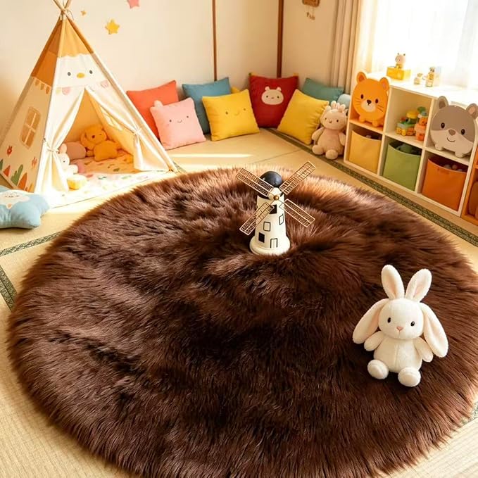 Faux Fur Sheepskin Rug Super Soft Fluffy Plush Area Rug Bedroom Floor Children's Room Sofa Cushion Living Room Runners Bedside Rugs (Coffee, 3×3 ft Rotund), 33KFYX